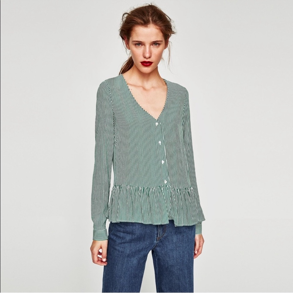 Zara Trafaluc Women’s Green White Striped Peplum Button Down Long Sleeve Blouse